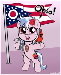 Size: 1476x1818 | Tagged: safe, artist:heretichesh, imported from derpibooru, oc, oc only, bird, cardinal, earth pony, insect, ladybug, pony, snake, bipedal, female, filly, flag, flag pole, flower, flower in hair, foal, food, ohio, simple background, smiling, solo, tomato