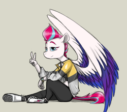 Size: 1168x1027 | Tagged: safe, artist:sinrar, imported from derpibooru, zipp storm, anthro, pegasus, unguligrade anthro, clothes, female, g5, hoof shoes, jacket, leggings, peace sign, shoes, signature, simple background, sitting, smiling, solo, sports bra