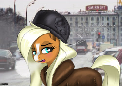 Size: 4961x3508 | Tagged: safe, artist:ostarbito, imported from derpibooru, oc, oc only, unnamed oc, earth pony, pony, 80s, absurd resolution, blonde hair, blue eyes, blushing, car, clothes, cold, earth pony oc, female, frown, fur coat, hat, mare, open mouth, orange fur, parody, russia, signature, snow, solo, speech bubble, street, talking, winter, winter outfit