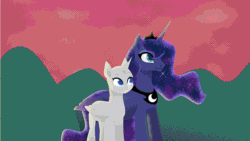 Size: 640x360 | Tagged: safe, artist:rumista, imported from derpibooru, princess luna, oc, alicorn, bat pony, changeling, earth pony, pegasus, pony, unicorn, absurd file size, absurd gif size, animated, blinking, commission, duo, female, gif, looking up, mare, moon, night, princess, raising the moon, smiling, stars, sunset, your character here