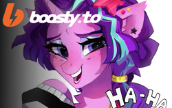Size: 2360x1488 | Tagged: safe, artist:zlatavector, imported from derpibooru, starlight glimmer, pony, unicorn, 80s, 80s starlight glimmer, boosty, help, laughing, makeup, outfit, smiling, solo, support