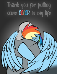 Size: 2550x3300 | Tagged: safe, artist:vareb, imported from derpibooru, rainbow dash, human, pegasus, pony, cute, feels, female, heartwarming, hug, mare, smiling, text, wholesome, winghug, wings