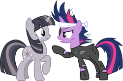 Size: 4096x2687 | Tagged: safe, artist:cloudy glow, artist:wardex101, edit, imported from derpibooru, twilight sparkle, pony, unicorn, it's about time, alternate hairstyle, angry, crying, crylight sparkle, discorded, discorded twilight, duo, duo female, eye contact, eyepatch, female, future twilight, high res, horn, looking at each other, looking at someone, mare, multicolored mane, multicolored tail, open mouth, pointing, purple eyes, raised hoof, self paradox, self ponidox, shocked, simple background, standing, tail, time paradox, transparent background, twilight tragedy, unicorn twilight, vector