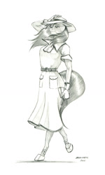 Size: 800x1331 | Tagged: safe, artist:baron engel, imported from derpibooru, octavia melody, anthro, earth pony, unguligrade anthro, clothes, dress, grayscale, hat, monochrome, pencil drawing, purse, simple background, solo, traditional art, white background