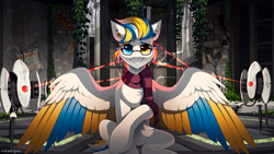 Size: 3000x1687 | Tagged: safe, artist:redchetgreen, imported from derpibooru, oc, oc only, oc:alan techard, pegasus, pony, colored wings, eyebrows, eyebrows visible through hair, grin, heterochromia, high res, looking at you, male, pegasus oc, portal (valve), sitting, smiling, smiling at you, solo, spread wings, stallion, wings