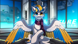 Size: 3000x1687 | Tagged: safe, artist:redchetgreen, imported from derpibooru, oc, oc only, oc:alan techard, pegasus, pony, colored wings, eyebrows, eyebrows visible through hair, grin, high res, looking at you, male, pegasus oc, portal (valve), sitting, smiling, smiling at you, solo, spread wings, stallion, wings