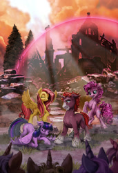 Size: 1640x2400 | Tagged: safe, artist:harwick, imported from derpibooru, fluttershy, pinkie pie, twilight sparkle, oc, alicorn, earth pony, pegasus, pony, unicorn, fanfic:triptych, ruins, twilight sparkle (alicorn)