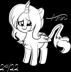 Size: 8245x8397 | Tagged: safe, artist:c.a.m.e.l.l.i.a, imported from derpibooru, oc, unnamed oc, alicorn, pony, black and white, black background, blank flank, cute, digital art, grayscale, monochrome, simple background, unnamed character