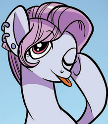 Size: 387x443 | Tagged: safe, imported from derpibooru, pixie cut (g4), earth pony, spoiler:comic74, cropped, female, mare, one eye closed, solo, tongue out, wink