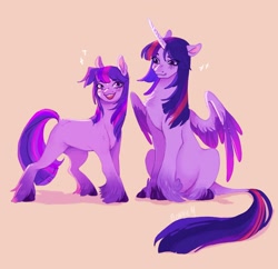 Size: 2164x2099 | Tagged: safe, artist:bonniem_x2, imported from derpibooru, twilight sparkle, alicorn, pony, concept art, curved horn, duality, duo, earth pony twilight, female, g5 concept leaks, horn, mare, markings, open mouth, translated in the description, twilight sparkle (alicorn), unshorn fetlocks