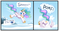 Size: 4237x2236 | Tagged: safe, alternate version, artist:confetticakez, imported from derpibooru, princess celestia, princess luna, alicorn, pony, 2 panel comic, angry, behaving like a fox, comic, cross-popping veins, crown, cute, cutelestia, eyes closed, female, high res, hoof shoes, jewelry, luna is not amused, majestic as fuck, mare, onomatopoeia, open mouth, open smile, pomf, ponified animal photo, regalia, sillestia, silly, silly pony, smiling, snow, solo, unamused