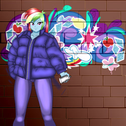 Size: 3000x3000 | Tagged: safe, artist:chuyryu, imported from derpibooru, rainbow dash, equestria girls, clothes, female, graffiti, high res, jacket, looking at you, smiling, smiling at you, solo, spray can