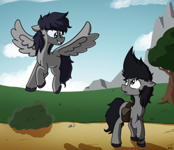 Size: 2364x2031 | Tagged: safe, artist:dark shadow, imported from derpibooru, oc, oc only, oc:dark shadow, oc:flippy, earth pony, pegasus, pony, bag, bush, earth pony oc, eye clipping through hair, flying, grin, high res, looking at each other, looking at someone, mountain, open mouth, pegasus oc, raised hoof, saddle bag, satchel, smiling, spread wings, tree, unshorn fetlocks, wings