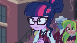 Size: 3410x1920 | Tagged: safe, imported from derpibooru, screencap, lemon zest, sci-twi, sour sweet, twilight sparkle, equestria girls, friendship games, canterlot high, clothes, crossed arms, crystal prep academy uniform, female, glasses, high res, male, necktie, open mouth, school, school uniform, schoolgirl, solo focus, uniform, unleash the magic