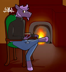 Size: 1188x1280 | Tagged: safe, artist:scales, imported from derpibooru, oc, oc:quarterly review, anthro, pegasus, alcohol, chair, crossed legs, facial hair, fireplace, glass, glasses, goatee, male, pink hair, sitting, solo, wine, wine glass