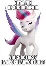 Size: 500x707 | Tagged: safe, imported from derpibooru, zipp storm, pegasus, pony, caption, colored wings, female, g5, image macro, irony, liza koshy, mare, meme, raised hoof, simple background, smiling, solo, spread wings, text, white background, wings