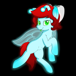 Size: 1160x1160 | Tagged: safe, artist:dark shadow, imported from derpibooru, oc, oc:cherry burst, original species, bow, genderfluid, glowbug, glowing, glowing eyes, glowing fur, glowing mane, green eyes, green tongue, hair bow, nonbinary, red mane, solo, tongue out