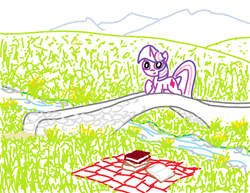 Size: 1288x992 | Tagged: safe, artist:purblehoers, imported from derpibooru, twilight sparkle, pony, unicorn, blanket, book, bridge, female, flower, grass, grass field, hill, looking at you, mare, mountain, ms paint, path, picnic blanket, raised hoof, river, smiling, solo, stone, stream, unicorn twilight, water