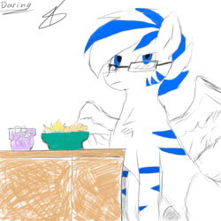 Size: 1000x1000 | Tagged: safe, artist:daringspeed, imported from derpibooru, oc, oc only, oc:light speed, pegasus, bowl, chips, cup, female, food, glasses, looking at you, mare, stripes, table