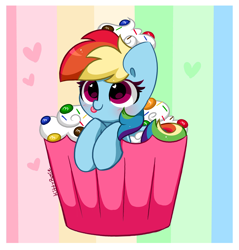 Size: 3886x4060 | Tagged: safe, artist:kittyrosie, imported from derpibooru, part of a set, rainbow dash, pegasus, pony, blushing, cake, chocolate, cupcake pony, cute, dashabetes, food, heart eyes, high res, m&m's, rainbow and cupcakes, rainbow background, simple background, solo, tongue out, whipped cream, wingding eyes