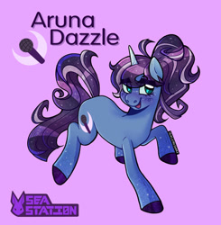 Size: 1440x1470 | Tagged: safe, artist:seasemissary, imported from derpibooru, oc, oc:aruna dazzle, pony, unicorn, female, magical lesbian spawn, mare, offspring, parent:coloratura, parent:princess luna, pink background, simple background, solo
