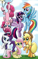 Size: 1200x1855 | Tagged: safe, artist:ronaldhennessy, imported from derpibooru, applejack, fluttershy, pinkie pie, rainbow dash, rarity, twilight sparkle, alicorn, earth pony, pegasus, pony, unicorn, balloon, floating, mane six, party balloon, pinkie being pinkie, then watch her balloons lift her up to the sky, tongue out, twilight sparkle (alicorn), upside down