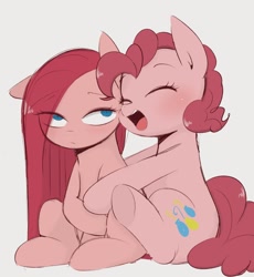 Size: 962x1046 | Tagged: safe, artist:manachaaaaaaaa, imported from derpibooru, pinkie pie, earth pony, pony, cute, duality, duo, eye clipping through hair, eyes closed, female, hug, mare, open mouth, open smile, pinkamena diane pie, self paradox, self ponidox, simple background, smiling