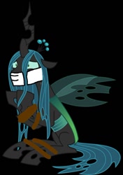 Size: 680x967 | Tagged: safe, artist:f1master45, imported from derpibooru, queen chrysalis, changeling, changeling queen, 1000 hours in ms paint, black background, bondage, bound and gagged, cloth gag, female, gag, help, helpless, over the nose gag, rope, ropes, scared, simple background, solo, tied up, worried