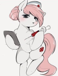 Size: 1575x2048 | Tagged: safe, artist:manachaaaaaaaa, imported from derpibooru, nurse redheart, earth pony, semi-anthro, blushing, female, looking at you, mare, needle, simple background, solo, syringe