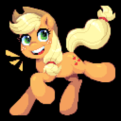 Size: 640x640 | Tagged: safe, artist:hikkage, imported from derpibooru, applejack, earth pony, pony, applejack's hat, black background, cowboy hat, female, hat, mare, pixel art, simple background, smiling, solo