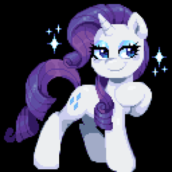 Size: 640x640 | Tagged: safe, artist:hikkage, imported from derpibooru, rarity, pony, unicorn, black background, eyeshadow, female, lidded eyes, makeup, mare, pixel art, simple background, smiling, solo, sparkles