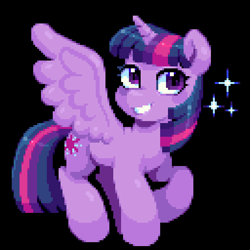 Size: 640x640 | Tagged: safe, artist:hikkage, imported from derpibooru, twilight sparkle, alicorn, pony, black background, female, mare, pixel art, simple background, smiling, solo, sparkles, spread wings, twilight sparkle (alicorn), wings