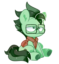 Size: 788x857 | Tagged: safe, artist:yokokinawa, imported from derpibooru, oc, oc:dimbulb, earth pony, chibi, clothes, earth pony oc, glasses, shrunken pupils, simple background, sitting, white background