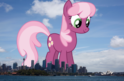 Size: 2107x1393 | Tagged: safe, artist:90sigma, artist:thegiantponyfan, imported from derpibooru, cheerilee, earth pony, pony, australia, city, female, giant pony, giant/macro earth pony, giantess, highrise ponies, irl, looking down, macro, mare, mega giant, photo, ponies in real life, smiling, solo, standing, sydney