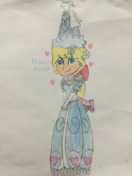 Size: 1600x2134 | Tagged: safe, artist:boogeyboy1, imported from derpibooru, megan williams, equestria girls, look before you sleep, beautiful, beautiful eyes, beautiful hair, bow, clothes, drawing, dress, dressup, froufrou glittery lacy outfit, gloves, happy, heart, hennin, jewelry, long gloves, long hair, looking at someone, looking at something, looking at you, majestic, necklace, princess, smiling, smiling at you, solo, tied hair, traditional art