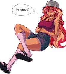 Size: 903x1014 | Tagged: safe, artist:nairdags, imported from derpibooru, sunset shimmer, equestria girls, breasts, busty sunset shimmer, candy, clothes, crossed legs, female, food, geode of empathy, glasses, hat, kneesocks, lollipop, magical geodes, meme, no bitches?, sandals, shoe dangling, simple background, socks, socks with sandals, solo, speech bubble, sunglasses, vulgar, white background