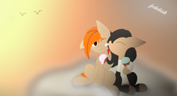 Size: 7572x4080 | Tagged: safe, artist:fededash, imported from derpibooru, oc, oc:fededash, oc:pandauwu, pegasus, pony, cloud, cute, duo, eating, eyes closed, floppy ears, food, ice, ice cream, pegasus oc, pony oc, sitting, sky, sun