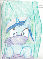 Size: 1700x2338 | Tagged: safe, artist:bluesplendont, imported from derpibooru, minuette, pony, unicorn, blanket, cloth gag, concerned, gag, hammock, over the nose gag, pillow, solo, surprised, traditional art, worried