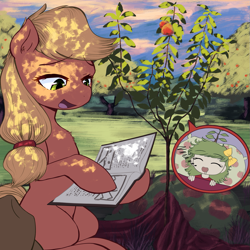 Size: 1043x1043 | Tagged: safe, artist:no_sys, imported from derpibooru, applejack, earth pony, human, pony, apple, apple tree, bedtime story, cute, female, food, humanized, mare, reading, sleeping, tree, tucking in