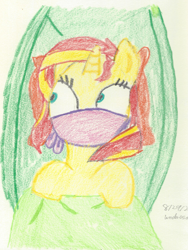 Size: 1377x1835 | Tagged: safe, artist:bluesplendont, imported from derpibooru, sunset shimmer, pony, unicorn, equestria girls, blanket, cloth gag, concerned, gag, hammock, looking at someone, looking at something, over the nose gag, ponified, solo, traditional art, worried