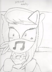 Size: 2088x2872 | Tagged: safe, artist:bluesplendont, imported from derpibooru, octavia melody, earth pony, pony, blanket, cloth gag, gag, over the nose gag, pillow, shocked, shocked expression, solo, surprised, traditional art, wide eyes, wtf, wtf face