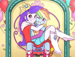 Size: 950x735 | Tagged: safe, artist:raridashdoodles, imported from derpibooru, rainbow dash, rarity, a photo booth story, eqg summertime shorts, equestria girls, anime, balloon, blushing, boots, bridal carry, carrying, chair, clothes, crown, cute, dashabetes, fall formal outfits, female, happy, heart, hug, jewelry, lesbian, looking at someone, looking at you, majestic, majestic as fuck, one eye closed, raribetes, raridash, regalia, royalty, schrödinger's pantsu, shipping, shoes, sleeveless, smiling, throne, wink