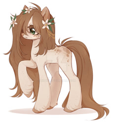 Size: 1024x1116 | Tagged: safe, artist:miioko, imported from derpibooru, oc, oc only, earth pony, pony, deviantart watermark, earth pony oc, flower, flower in hair, obtrusive watermark, raised hoof, simple background, solo, watermark, white background