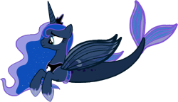 Size: 2177x1250 | Tagged: safe, artist:saphirabjarskular, imported from derpibooru, princess luna, alicorn, merpony, clothes, crown, dorsal fin, ethereal mane, female, fin wings, fins, fish tail, flowing mane, flowing tail, green eyes, hoof shoes, horn, jewelry, mare, mermaid tail, regalia, seaponified, seapony luna, simple background, smiling, solo, species swap, starry mane, tail, transparent background, wings