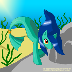 Size: 1220x1220 | Tagged: safe, artist:rinkunokoisuru, imported from derpibooru, oc, oc only, hippocampus, hybrid, merpony, sea pony, seapony (g4), blank flank, blue mane, crepuscular rays, fish tail, flowing mane, flowing tail, male, ocean, red eyes, rock, sand, seaweed, solo, sunlight, swimming, tail, underwater, water