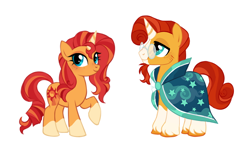 Size: 832x494 | Tagged: safe, artist:deadmouseseverywhere, imported from derpibooru, sunburst, sunset shimmer, pony, unicorn, alternate design, base used, blaze (coat marking), brother and sister, coat markings, duo, facial markings, female, headcanon, male, mare, siblings, simple background, socks (coat markings), stallion, sunny siblings, unshorn fetlocks, white background