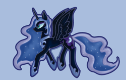 Size: 1546x974 | Tagged: safe, artist:heatherberserker, imported from derpibooru, nightmare moon, alicorn, pony, blue background, female, helmet, hoof shoes, mare, peytral, simple background, solo