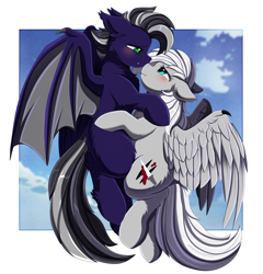 Size: 4180x4348 | Tagged: safe, artist:pridark, imported from derpibooru, oc, oc only, oc:silver edge, bat pony, hybrid, pegasus, pony, bat wings, blushing, female, looking at each other, looking at someone, mare, pegabat, wingding eyes, wings