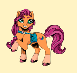 Size: 2428x2302 | Tagged: safe, artist:heatherberserker, imported from derpibooru, sunny starscout, earth pony, pony, bag, female, g5, grin, mare, saddle bag, simple background, smiling, solo, unshorn fetlocks, yellow background