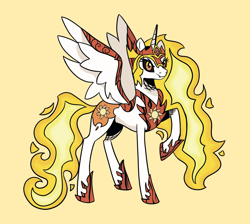 Size: 1902x1701 | Tagged: safe, artist:heatherberserker, imported from derpibooru, daybreaker, alicorn, pony, female, mane of fire, mare, raised hoof, simple background, solo, yellow background